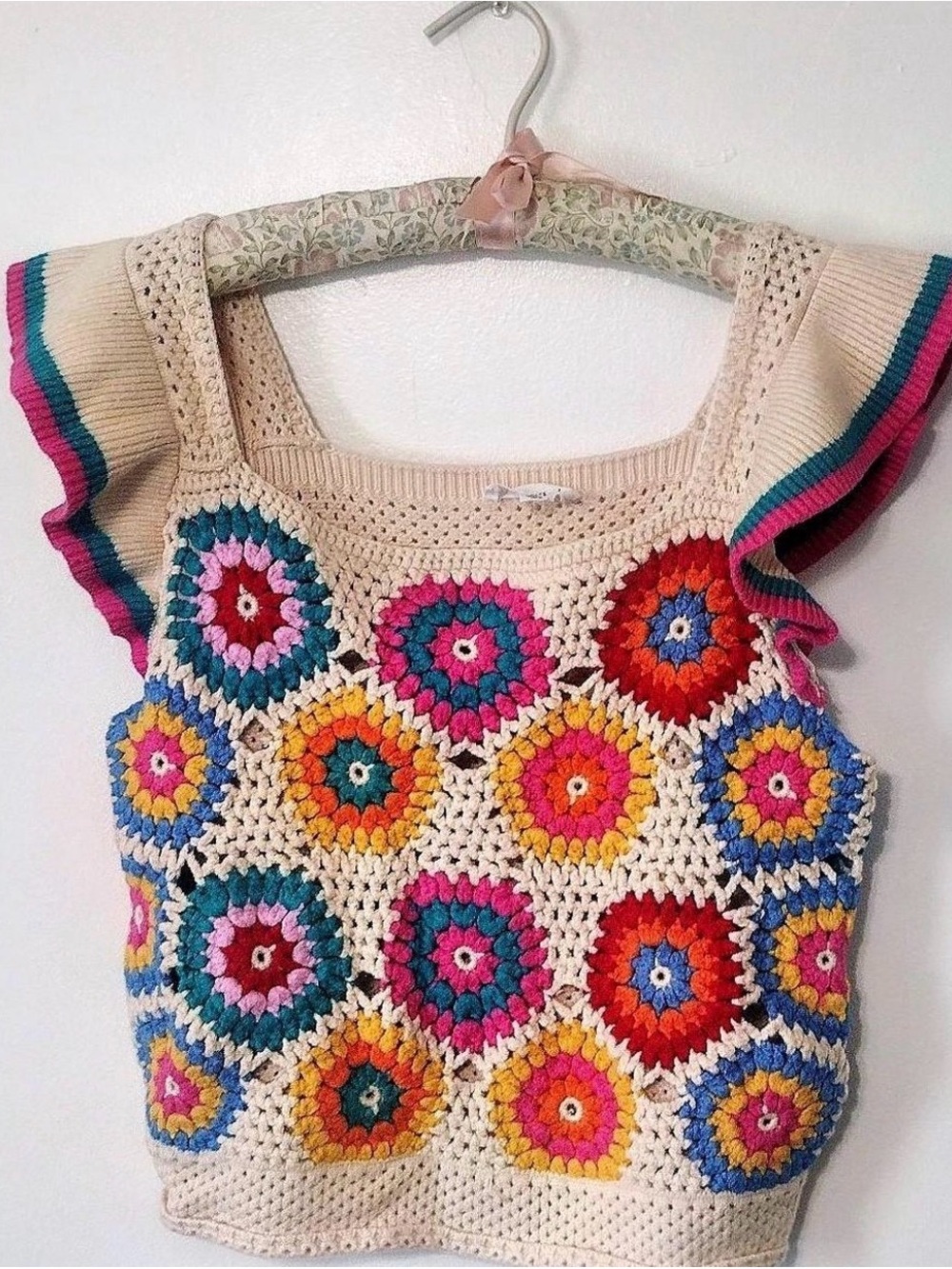 THML Cream Crochet Tank with Multicolor Floral Detail Size M